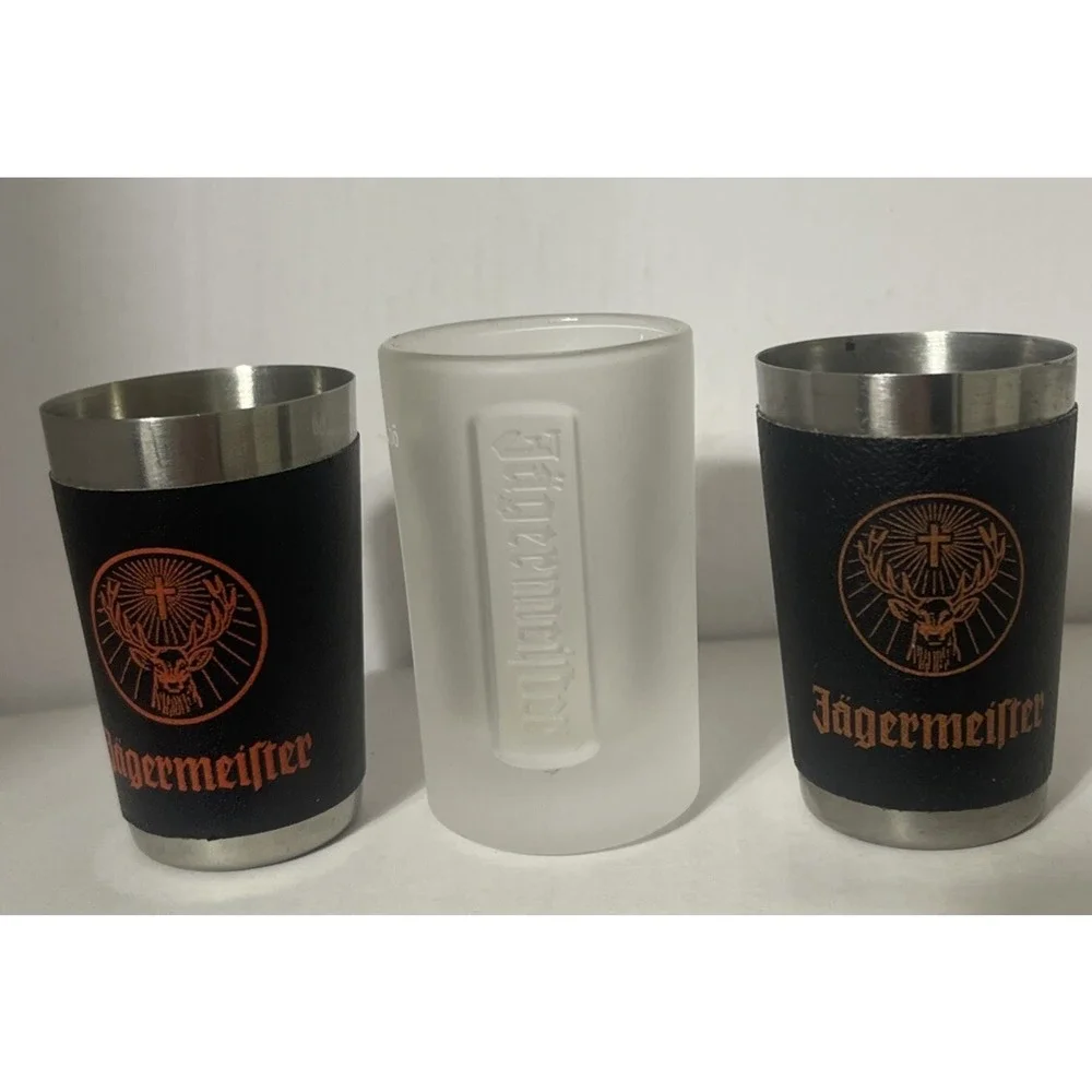 Lot Of 3 JAGERMEISTER Shot Glasses Faux Leather Wrapped And Frosted